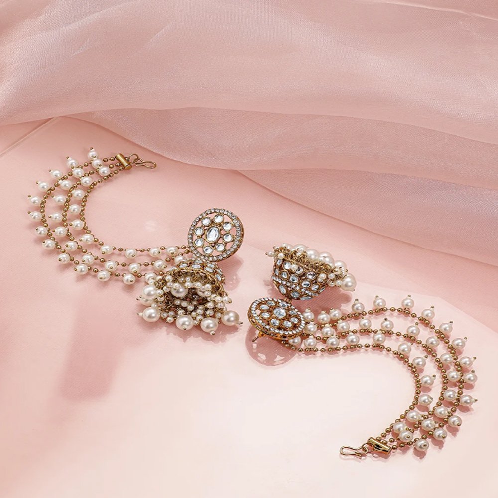 Splendid White Kundan Jhumka with Kaan Chain